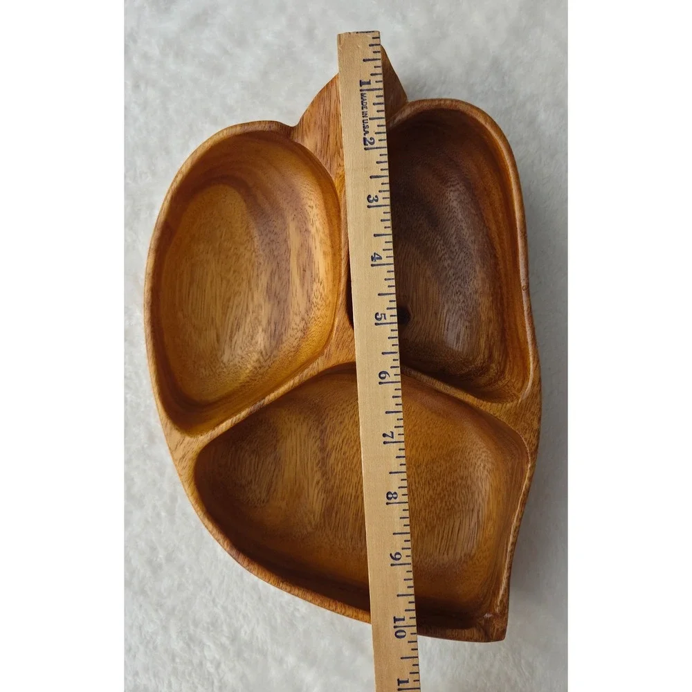 VIntage MCM Monkey Pod Wood Leaf Serving Tray 3 Section Divided Snack DIsh Tiki